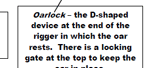 Oarlock - The D-shaped device at teh end of the rigger in which the oar rests.  There is a locking gate at the top to keep the oar in place.